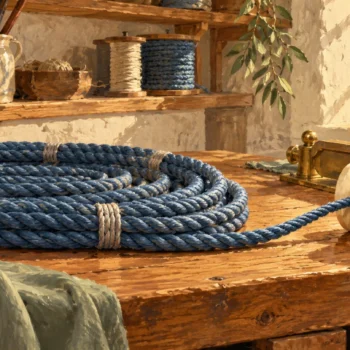 The connected final rope section is gathered beside preserved earlier sections and a separate restraint.