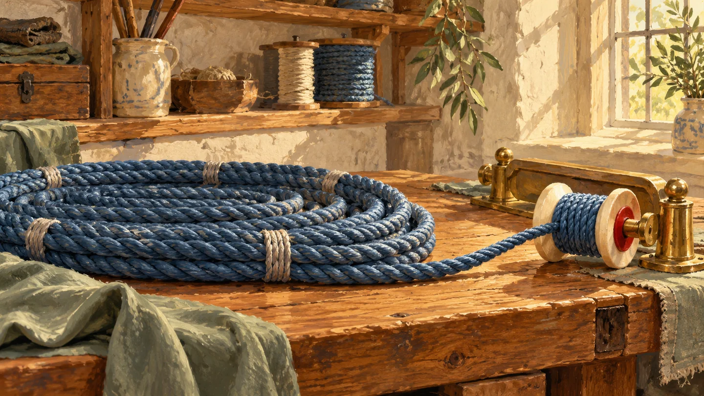 The connected final rope section is gathered beside preserved earlier sections and a separate restraint.