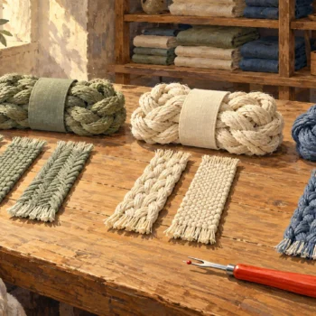 Three braided bundles sit beside their separate groups of woven strips.