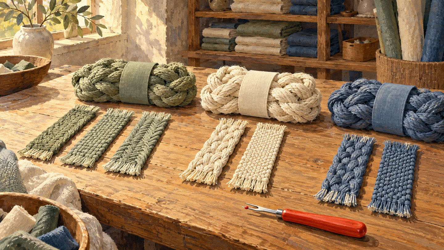 Three braided bundles sit beside their separate groups of woven strips.