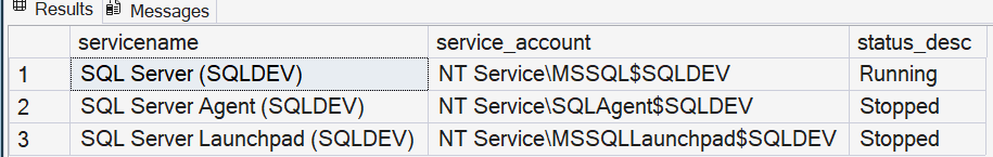 SSMS result of sys.dm_server_services listing engine, Agent and Launchpad service accounts