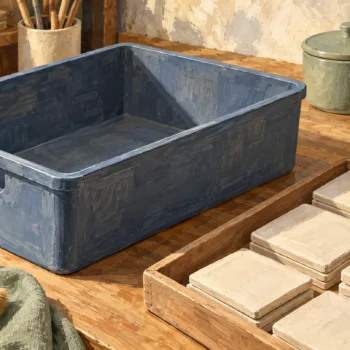 An empty storage bin is ready for tiles without changing its physical capacity.