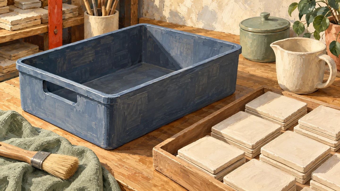 An empty storage bin is ready for tiles without changing its physical capacity.