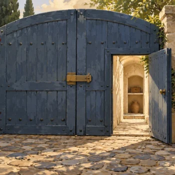 Gouache illustration of a scoped firewall opening: a narrow side hatch opens through a gate whose other sections remain closed.