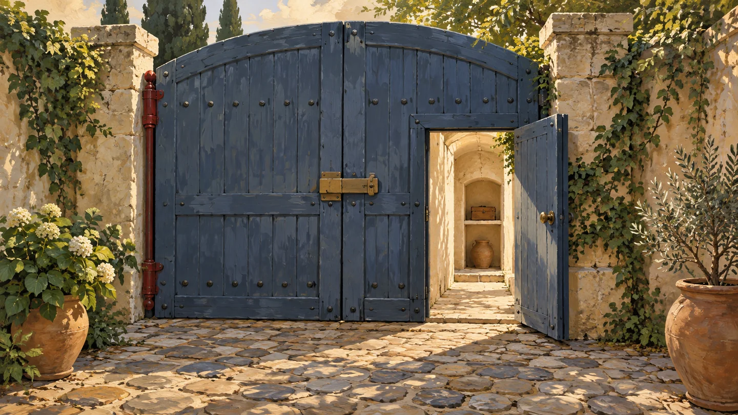 Gouache illustration of a scoped firewall opening: a narrow side hatch opens through a gate whose other sections remain closed.