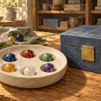 Six unmarked beads sit in fitted recesses beside a separate closed storage box.