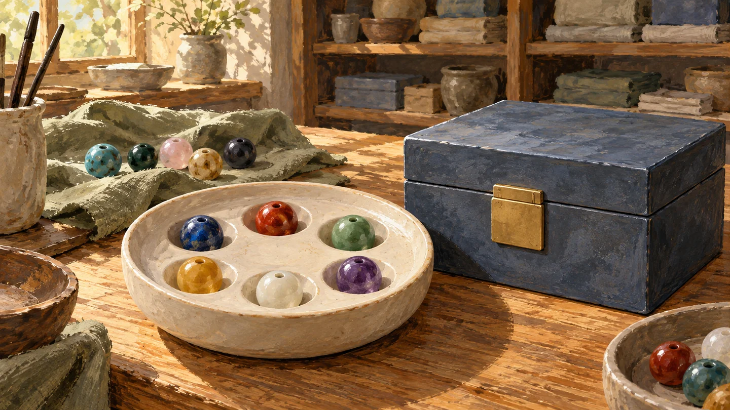 Six unmarked beads sit in fitted recesses beside a separate closed storage box.