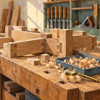 Wood shavings are inspected beside the joinery work that produced them.