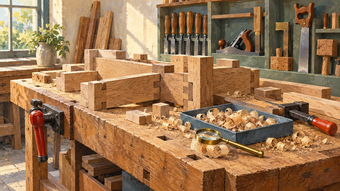 Wood shavings are inspected beside the joinery work that produced them.