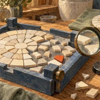 An unsettled mosaic in its assembly jig is inspected beside a stable finished sample.