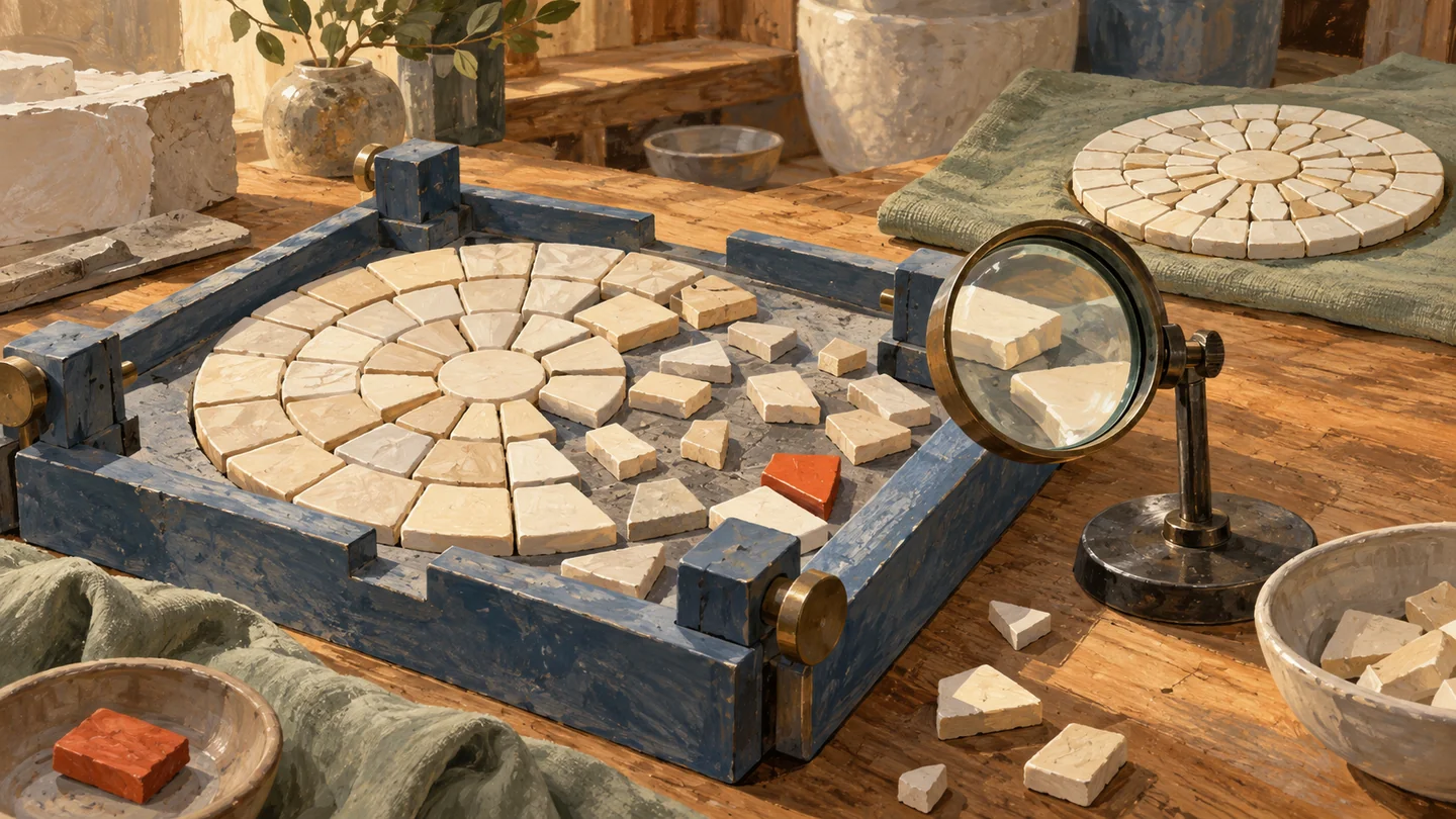 An unsettled mosaic in its assembly jig is inspected beside a stable finished sample.