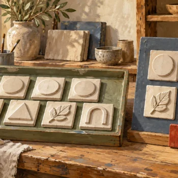 Seven source tiles remain intact beside four distinct reliefs on a separate display board.