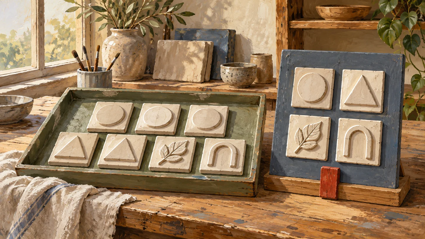 Seven source tiles remain intact beside four distinct reliefs on a separate display board.