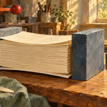 Gouache illustration of the first and last day of the current date's month, using the first and last sheets between two bookends.