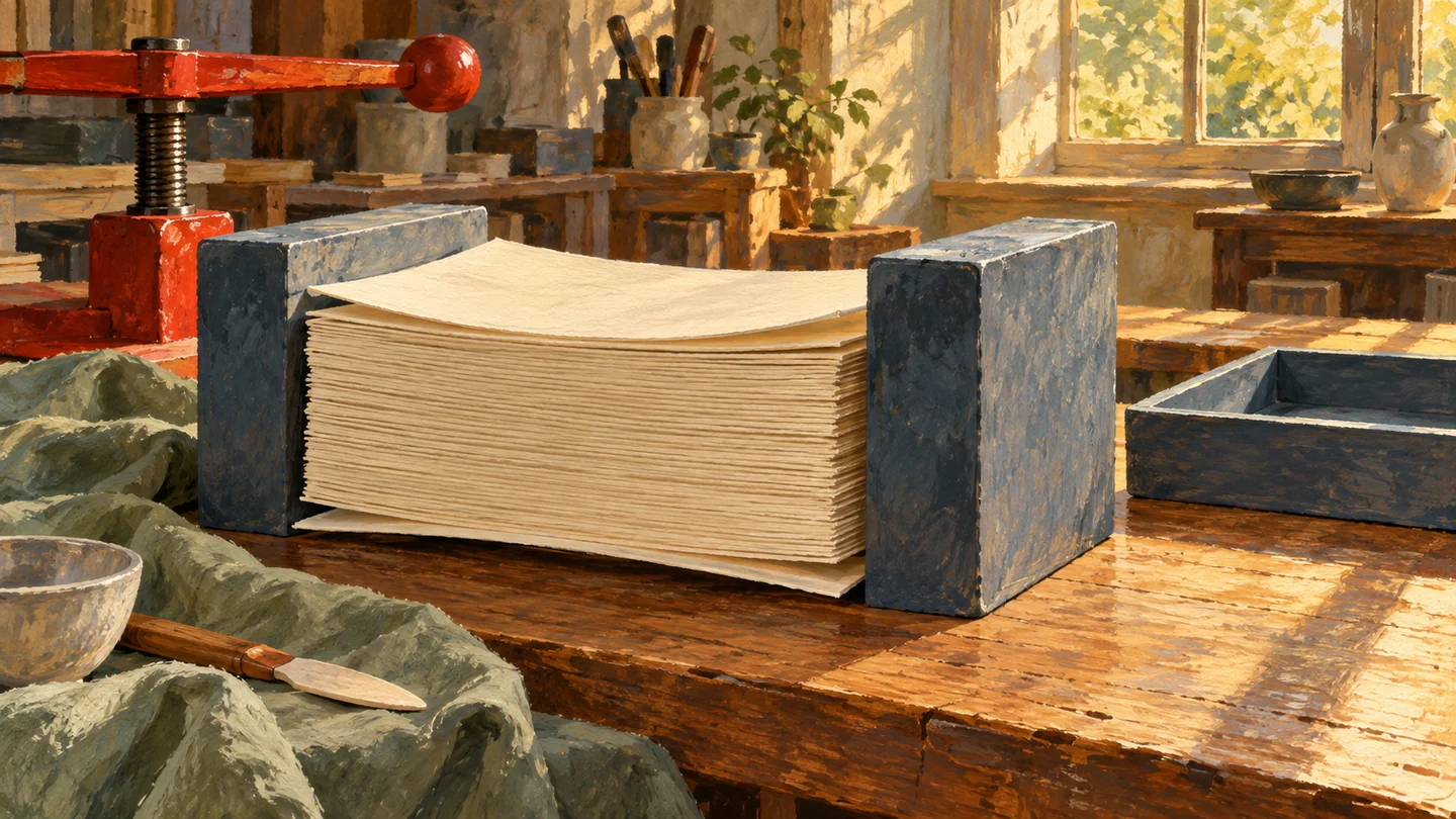 Gouache illustration of the first and last day of the current date's month, using the first and last sheets between two bookends.