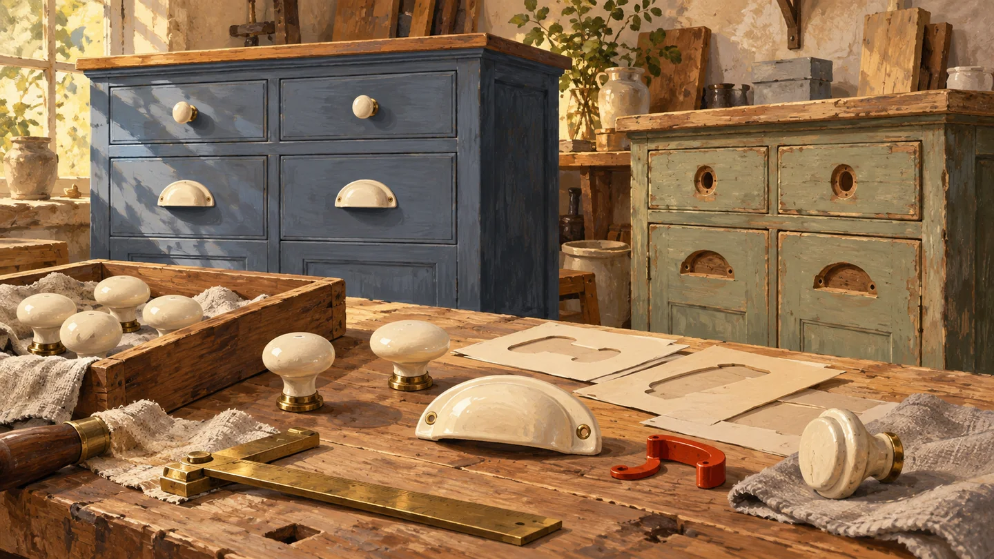 Selected cabinet fittings and blank patterns are reviewed for a differently shaped destination.