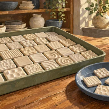 A small sample dish holds selected tiles beside a larger populated source tray.