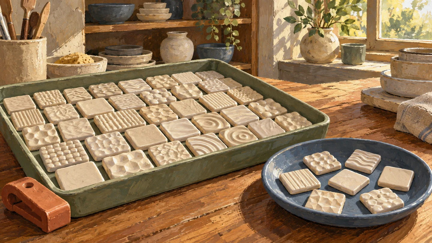 A small sample dish holds selected tiles beside a larger populated source tray.