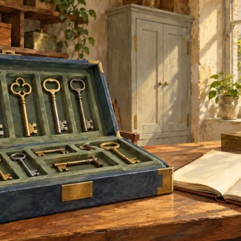 A fitted key inventory is inspected within one room while distant doors remain outside its scope.