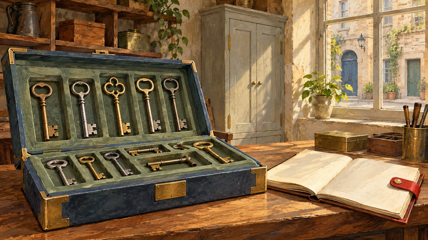 A fitted key inventory is inspected within one room while distant doors remain outside its scope.