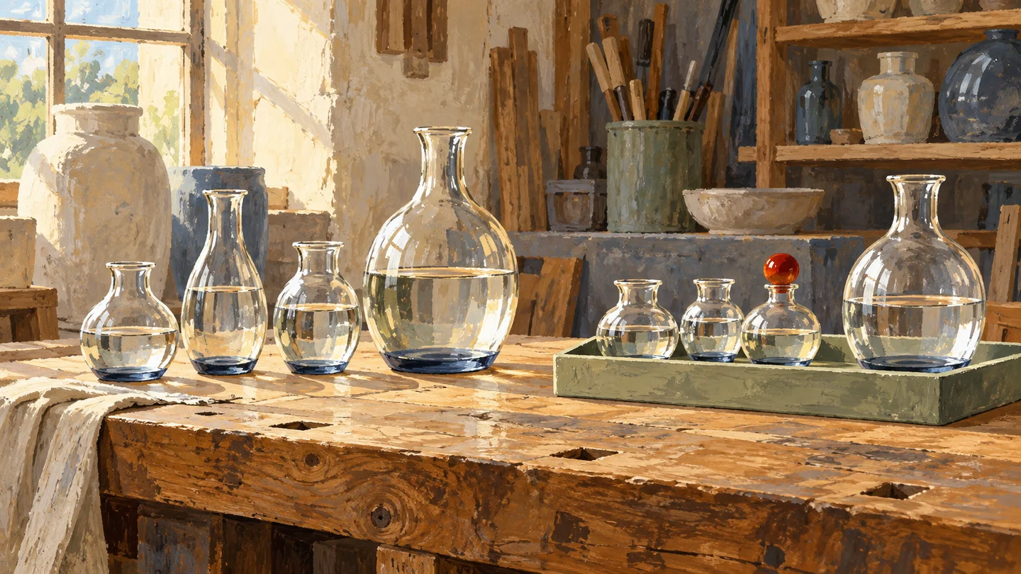 Individual vessels and a separate grouped tray sit beside distinct reference vessels.