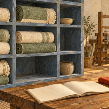 Retained completed fabric rolls are separate from unfinished work on a background loom.
