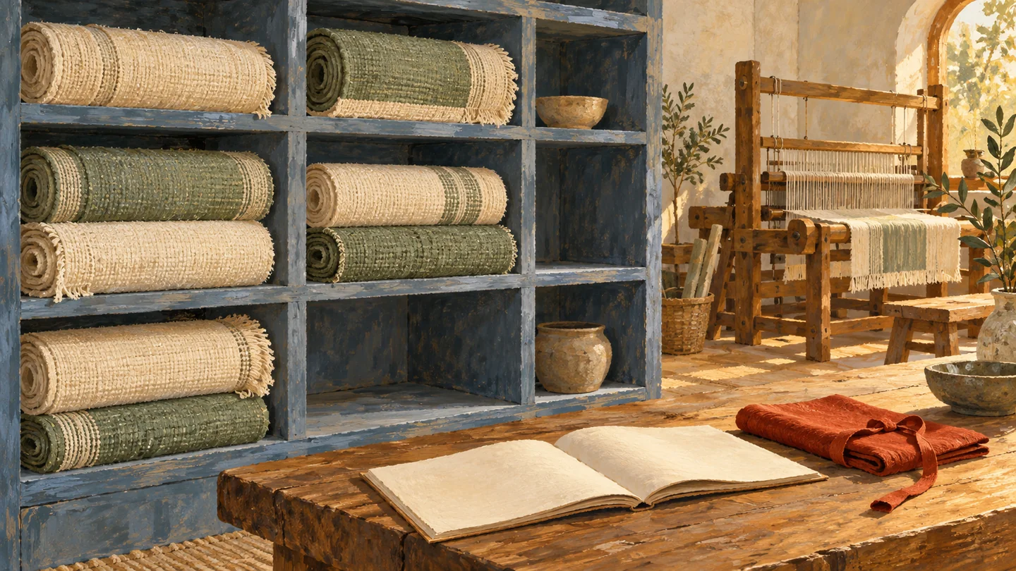 Retained completed fabric rolls are separate from unfinished work on a background loom.
