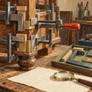 Overlapping braces are reviewed beside selected fittings and preserved original pieces.