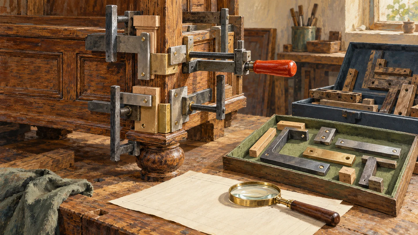Overlapping braces are reviewed beside selected fittings and preserved original pieces.