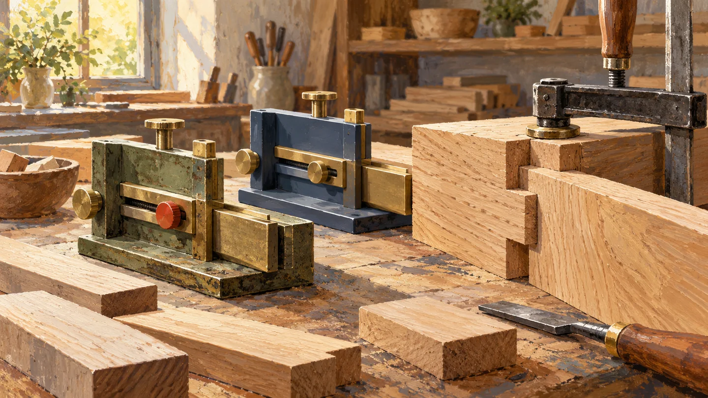 Two alternative measuring jigs remain beside a held joint for a temporary comparison.