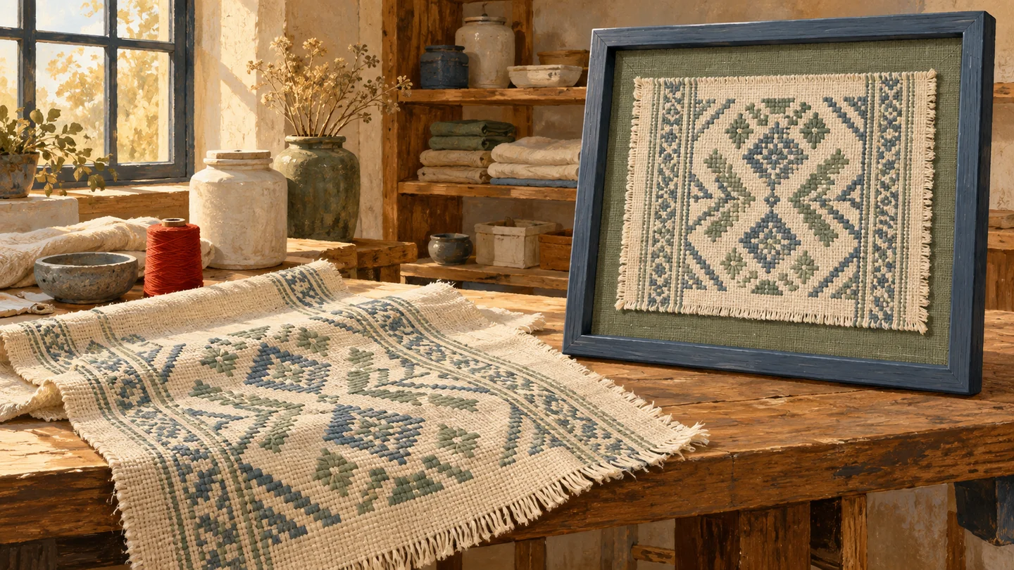 A woven motif remains intact on a source cloth and a separately framed copy.