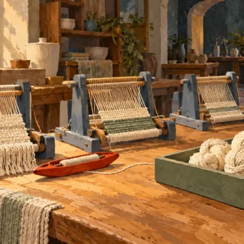 A finite group of loom stations serves a separate tray of waiting yarn bundles.