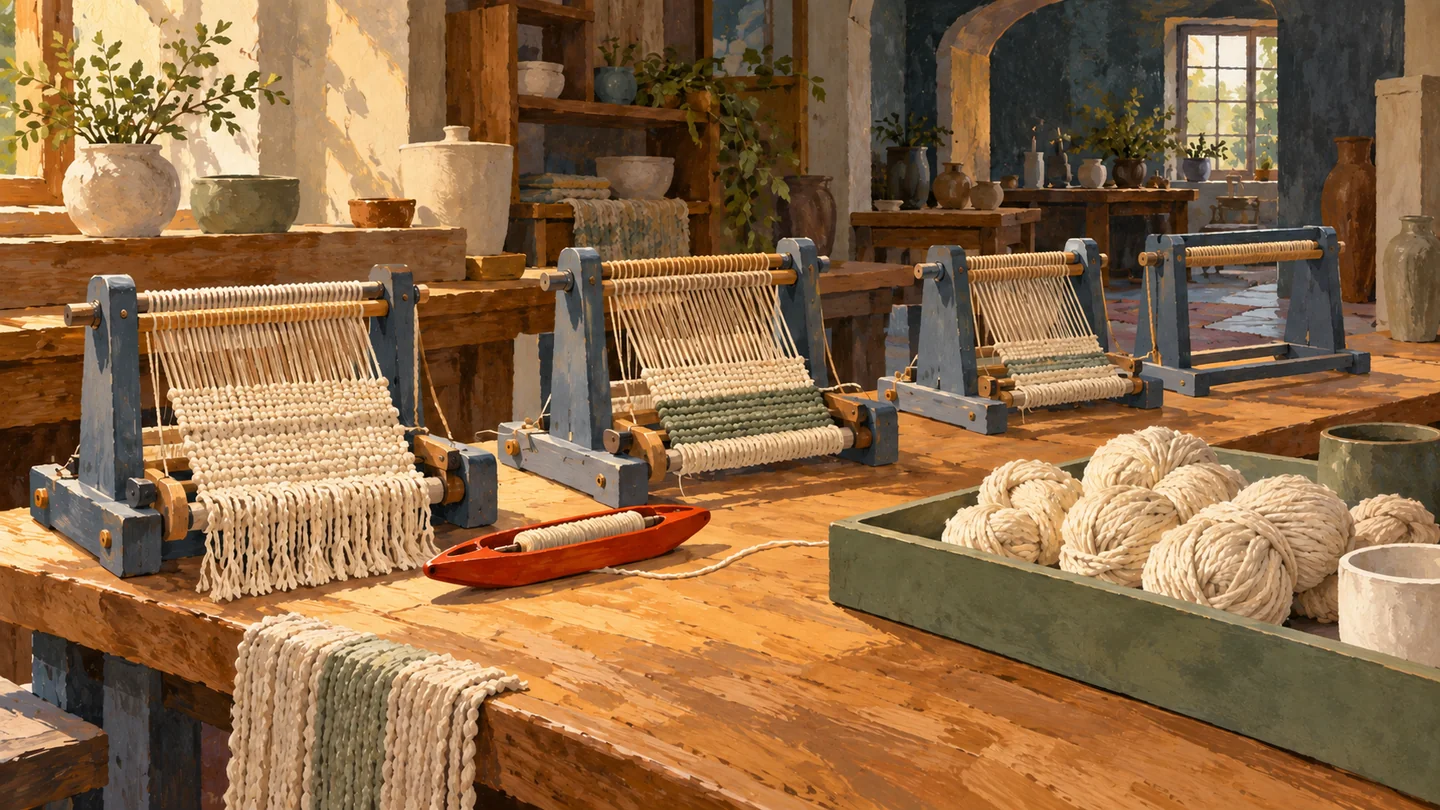 A finite group of loom stations serves a separate tray of waiting yarn bundles.