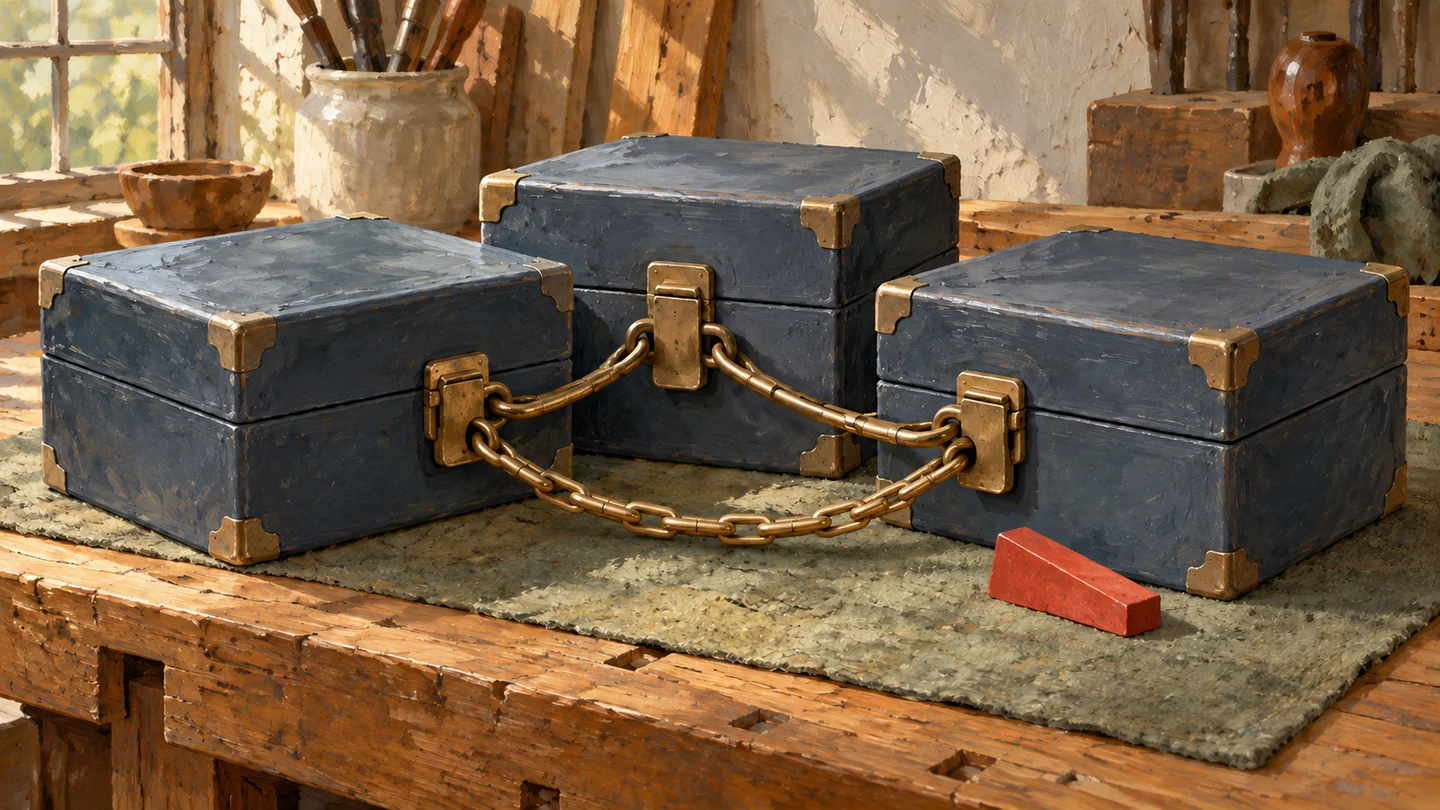 Three linked case clasps form a closed dependency cycle beside a separate release wedge.