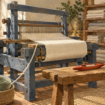 A quiet loom still holds unfinished fabric connected to its yarn supply.