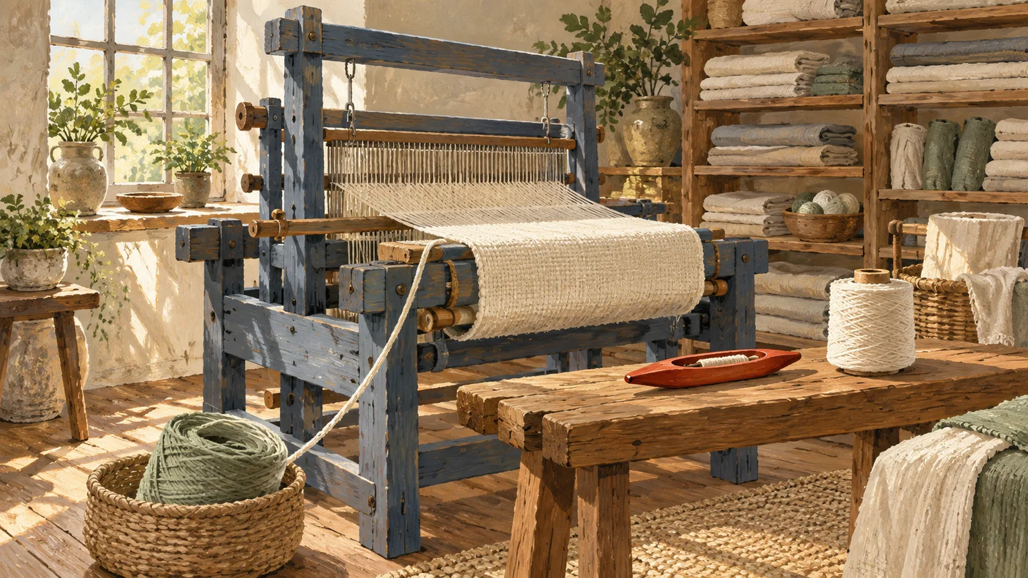 A quiet loom still holds unfinished fabric connected to its yarn supply.