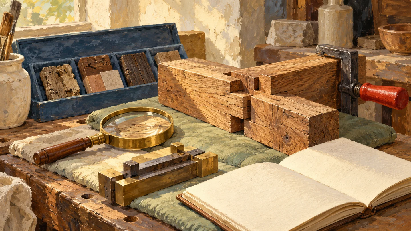 Three different inspection tools sit beside the same workpiece and retained samples.