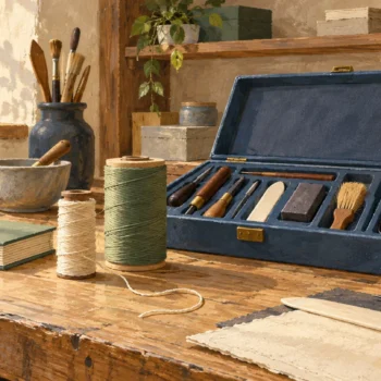 A smaller cream spool sits beside a fresh sage spool, sample binding and prepared tool case.