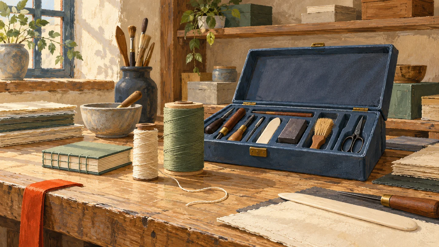A smaller cream spool sits beside a fresh sage spool, sample binding and prepared tool case.