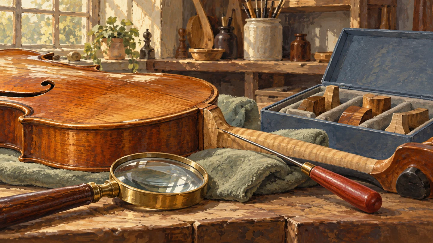 Two different inspection tools examine an intact instrument beside preserved fittings.
