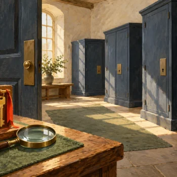 Gouache illustration of Public role permissions, with a shared entrance key rack separate from individual locked cabinets.