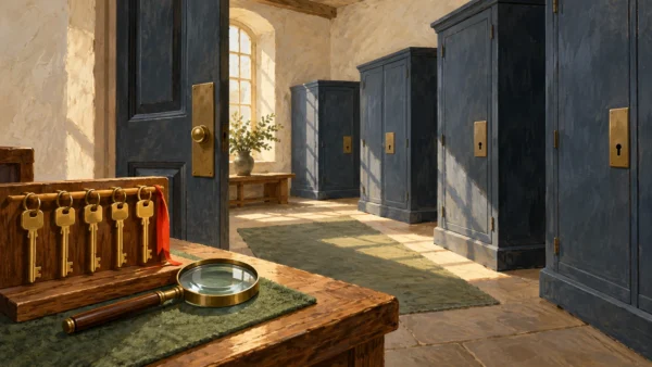 Gouache illustration of Public role permissions, with a shared entrance key rack separate from individual locked cabinets.
