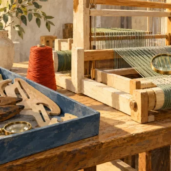 Active parallel loom threads are inspected separately from preserved guides and worn tools.