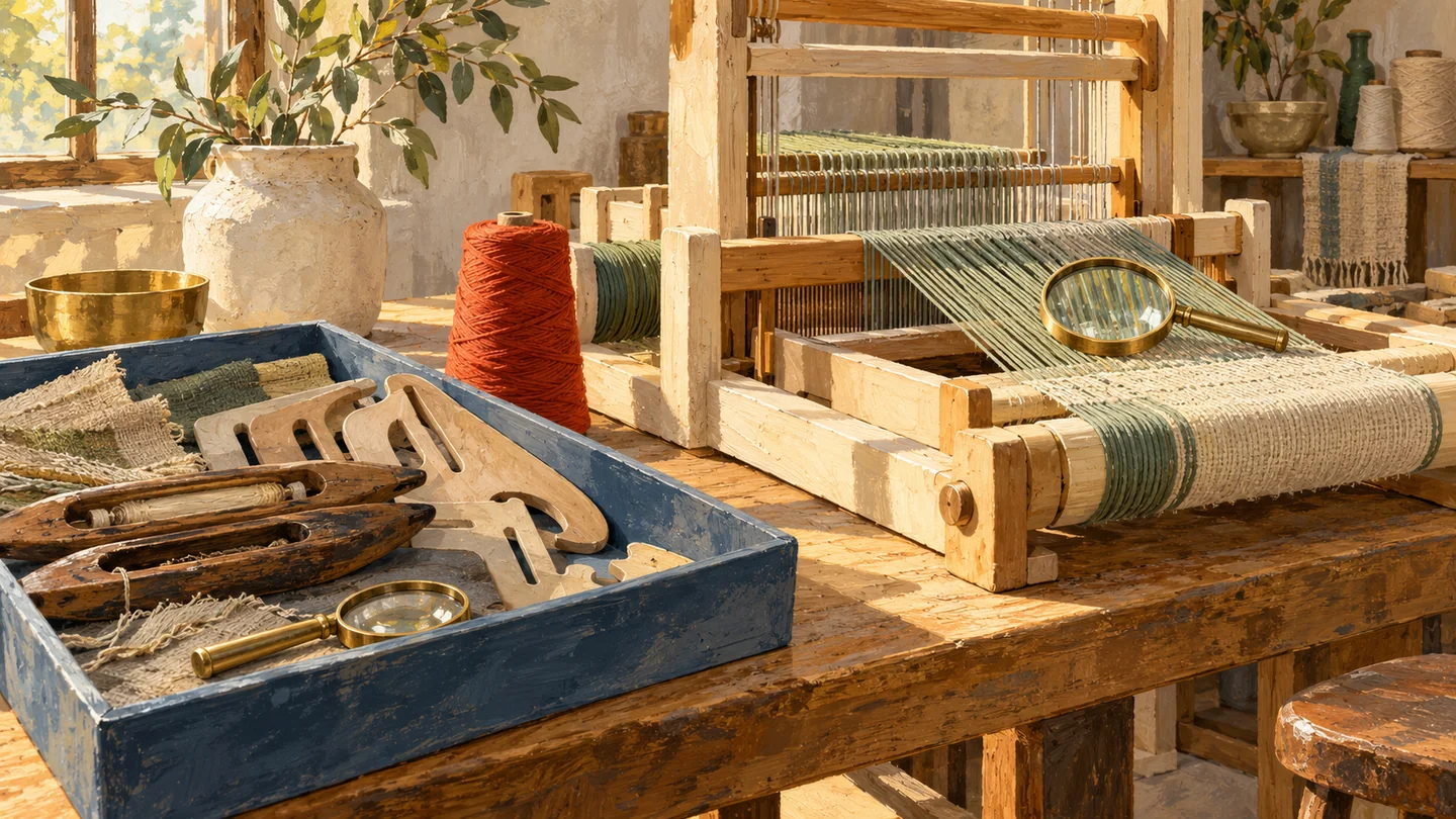 Active parallel loom threads are inspected separately from preserved guides and worn tools.