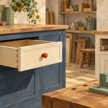 A fitted drawer belongs to one cabinet while a neighboring cabinet has an empty recess.