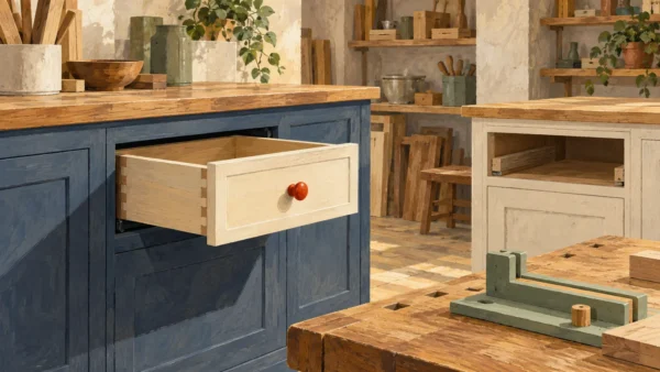 A fitted drawer belongs to one cabinet while a neighboring cabinet has an empty recess.