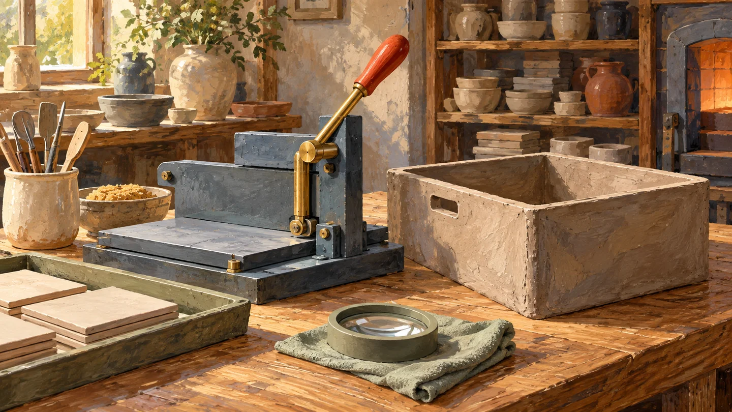 A preparation lever is inspected separately from an empty storage bin and prepared tiles.