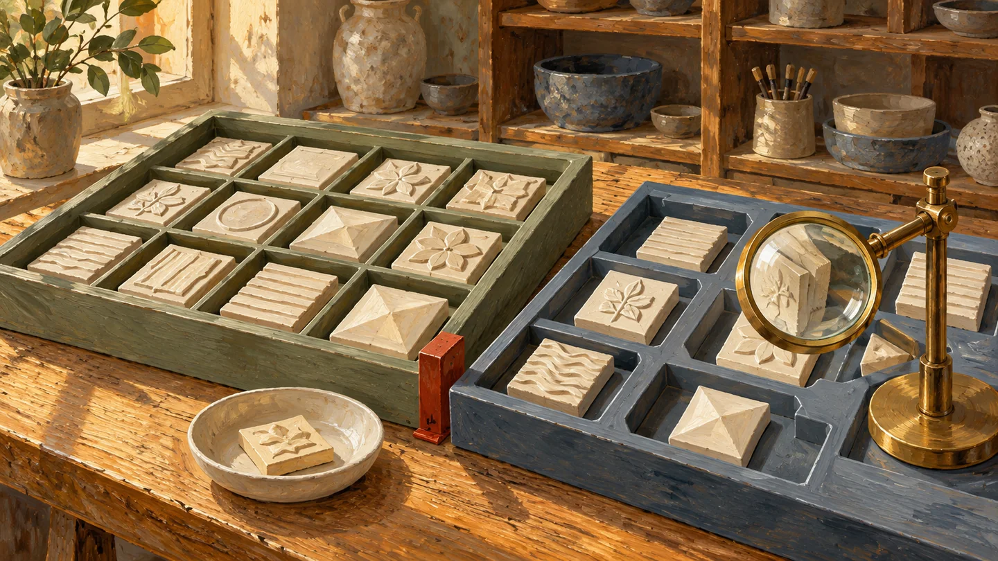 A source tile tray remains intact beside a staging tray and a separate inspection sample.