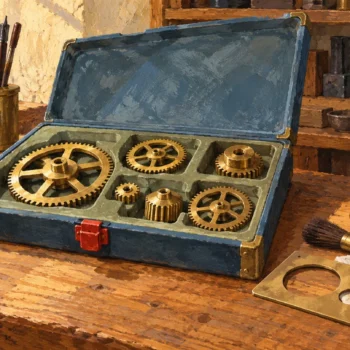 Several intact gears sit in a fitted case beside separate maintenance and inspection tools.
