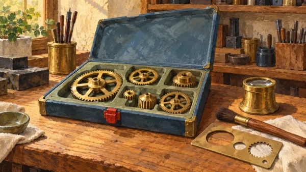Several intact gears sit in a fitted case beside separate maintenance and inspection tools.